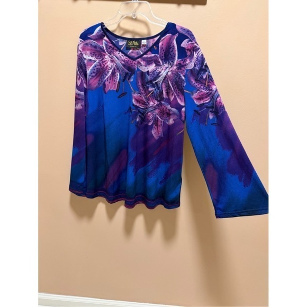 Bob Mackie Wearable Art Floral Long Sleeve Blouse Blue Purple Jersey Knit Lg - Picture 4 of 15